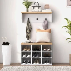 Walker Edison | Entryway 2-in-1 Coat Rack and Shoe Bench Set