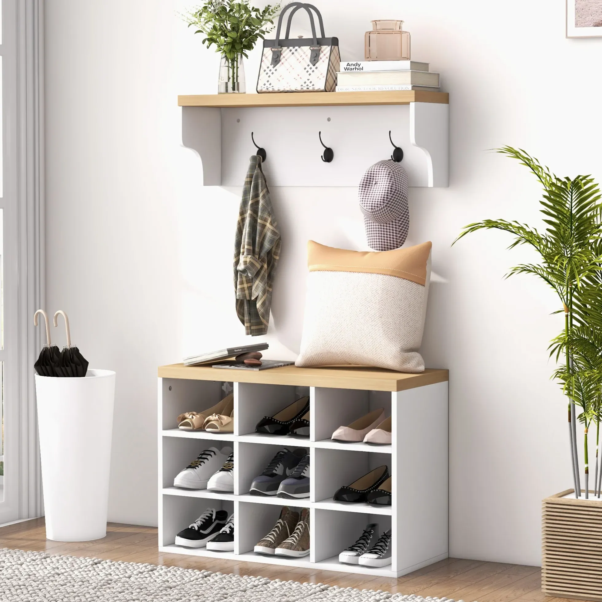 Walker Edison | Entryway 2-in-1 Coat Rack and Shoe Bench Set