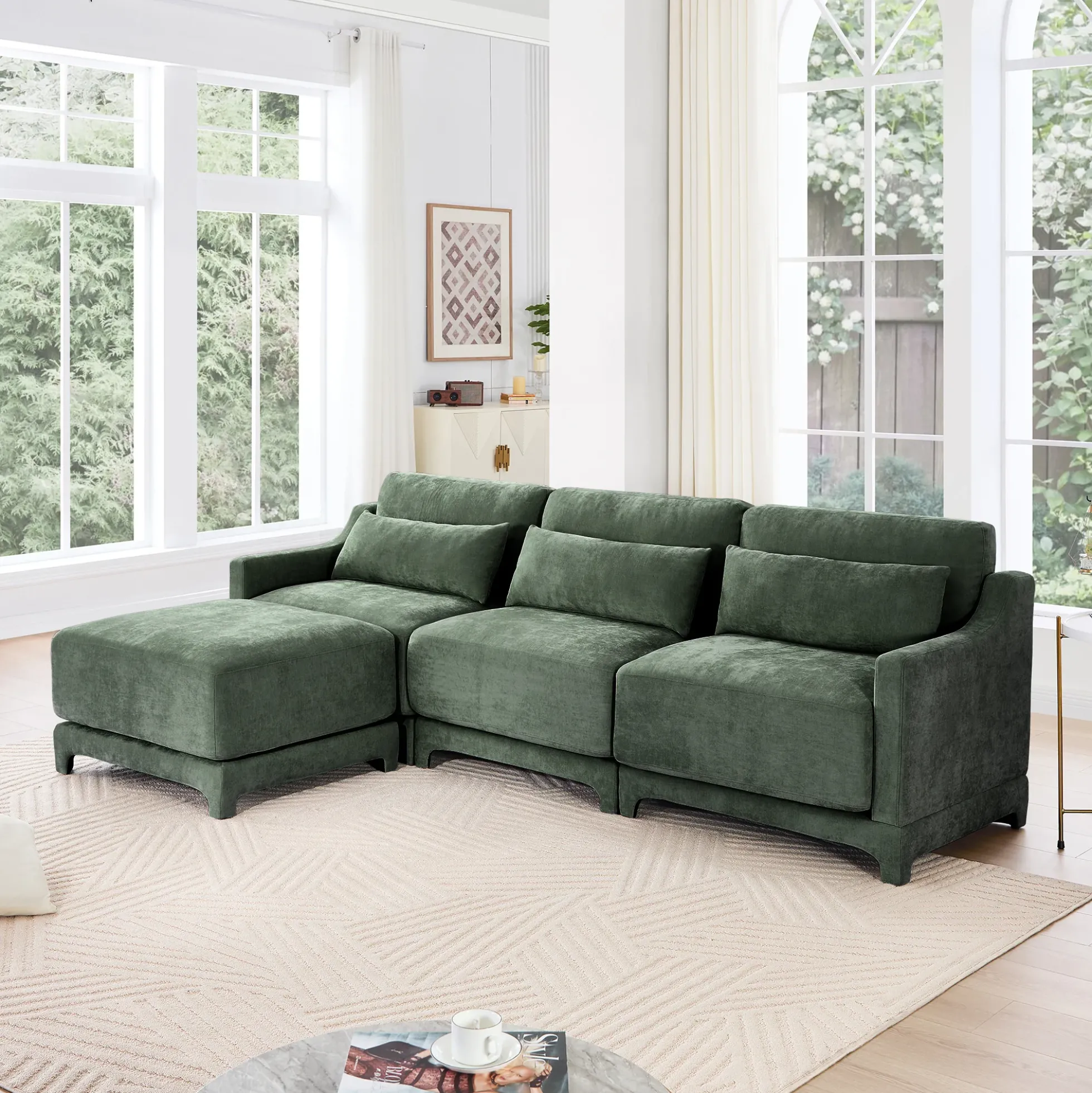 Walker Edison | High-Resilience Foam Chenille Sectional Sofa with Ottomans