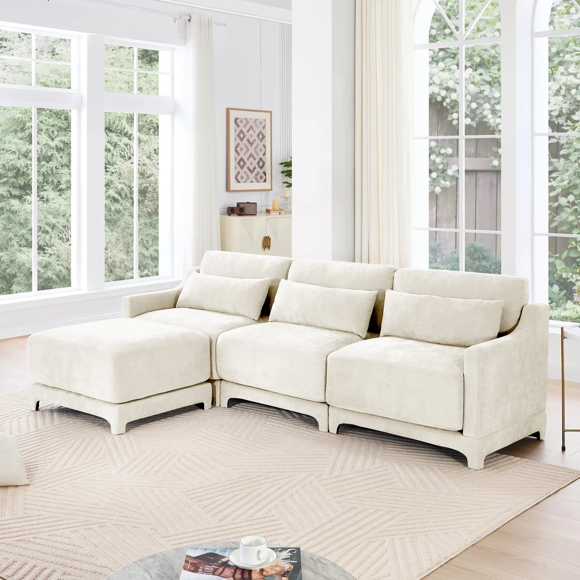 Walker Edison | High-Resilience Foam Chenille Sectional Sofa with Ottomans