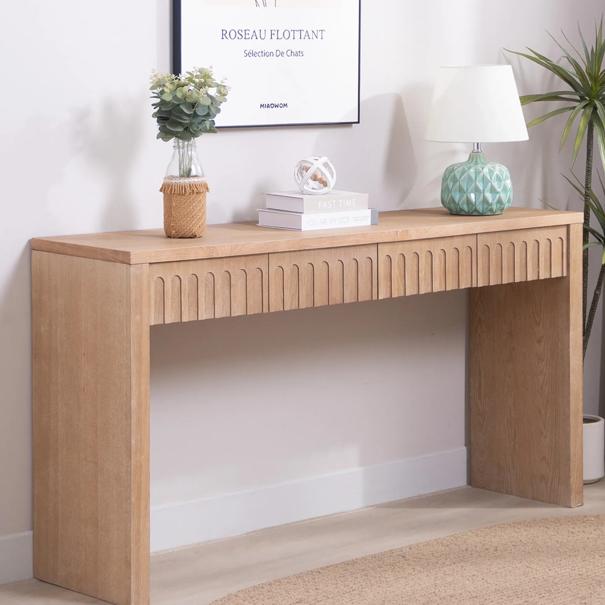 Walker Edison | 59in Natural Modern Console Entry Table with 4 Drawers