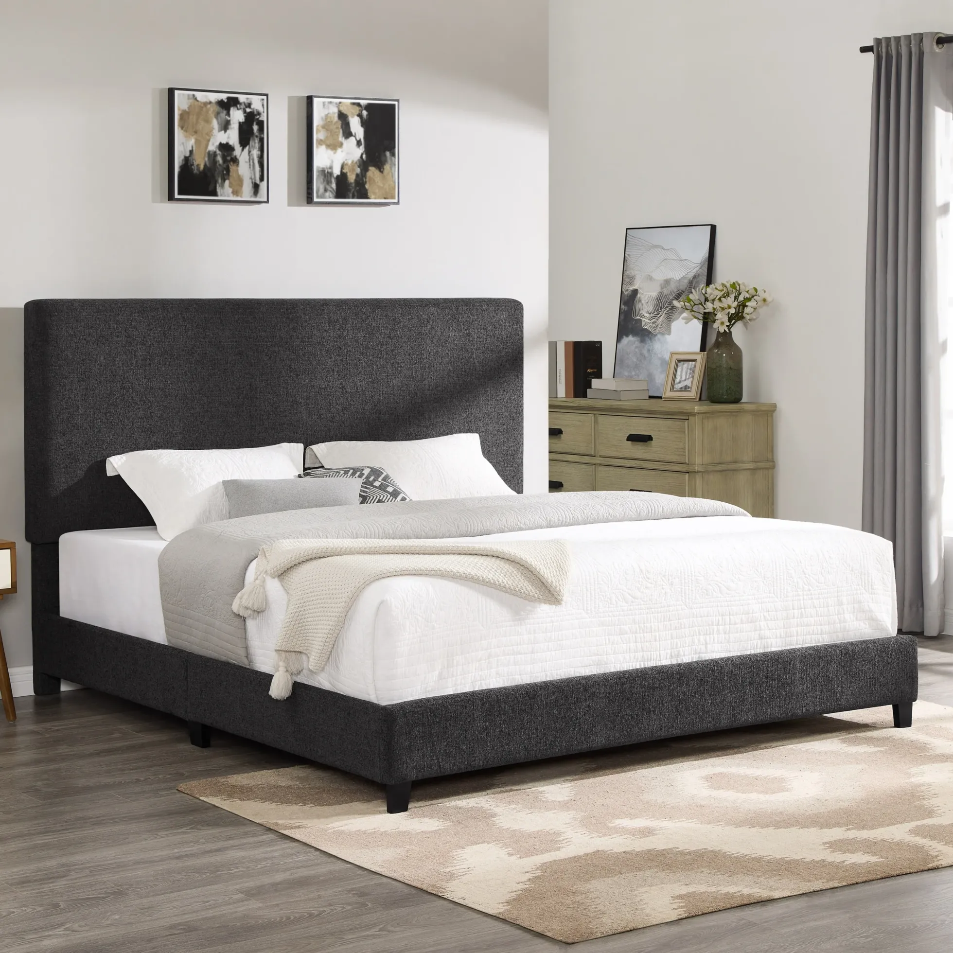 Walker Edison | King Size Charcoal Grey Upholstered Platform Bed