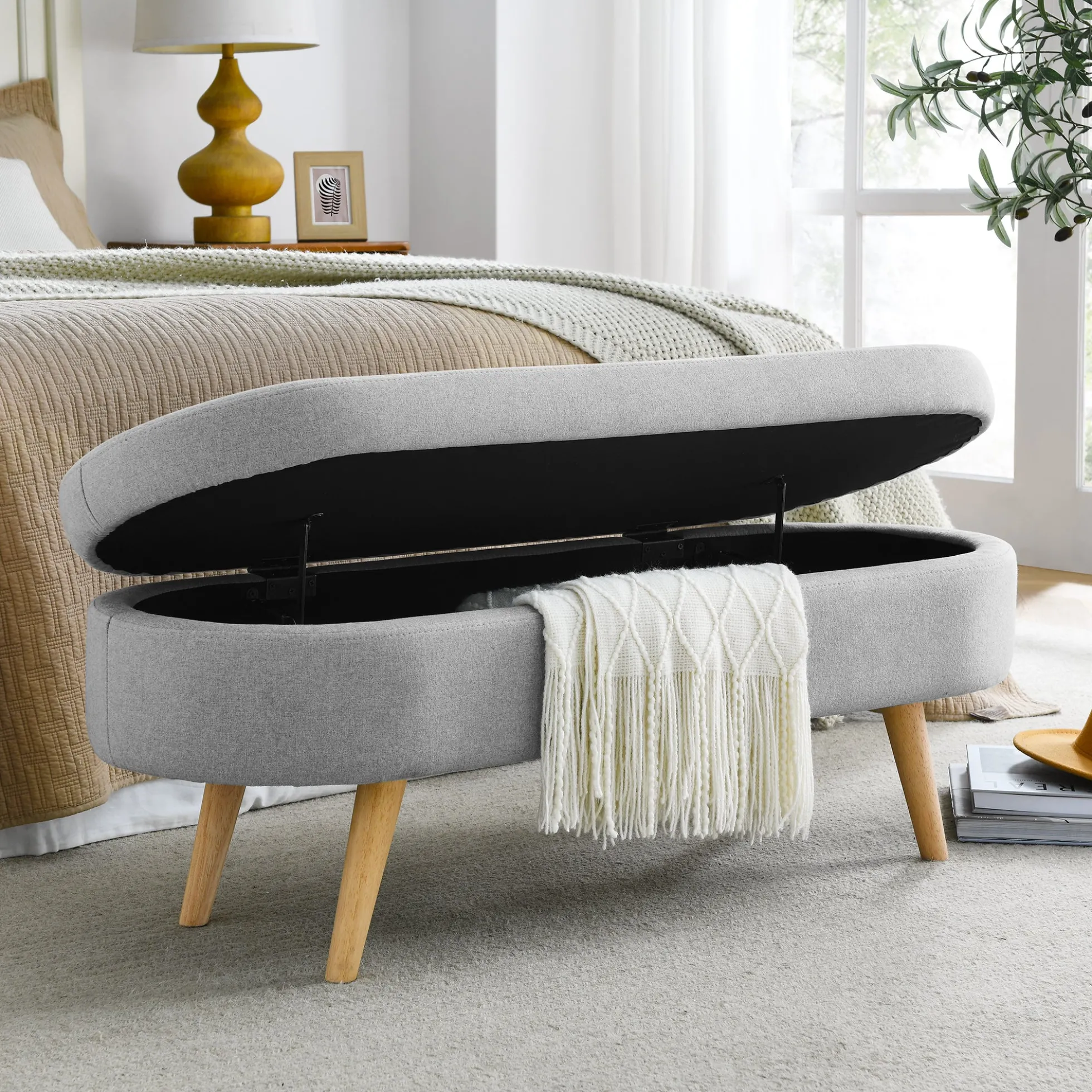Walker Edison | Linen Oval Ottoman Storage Bench