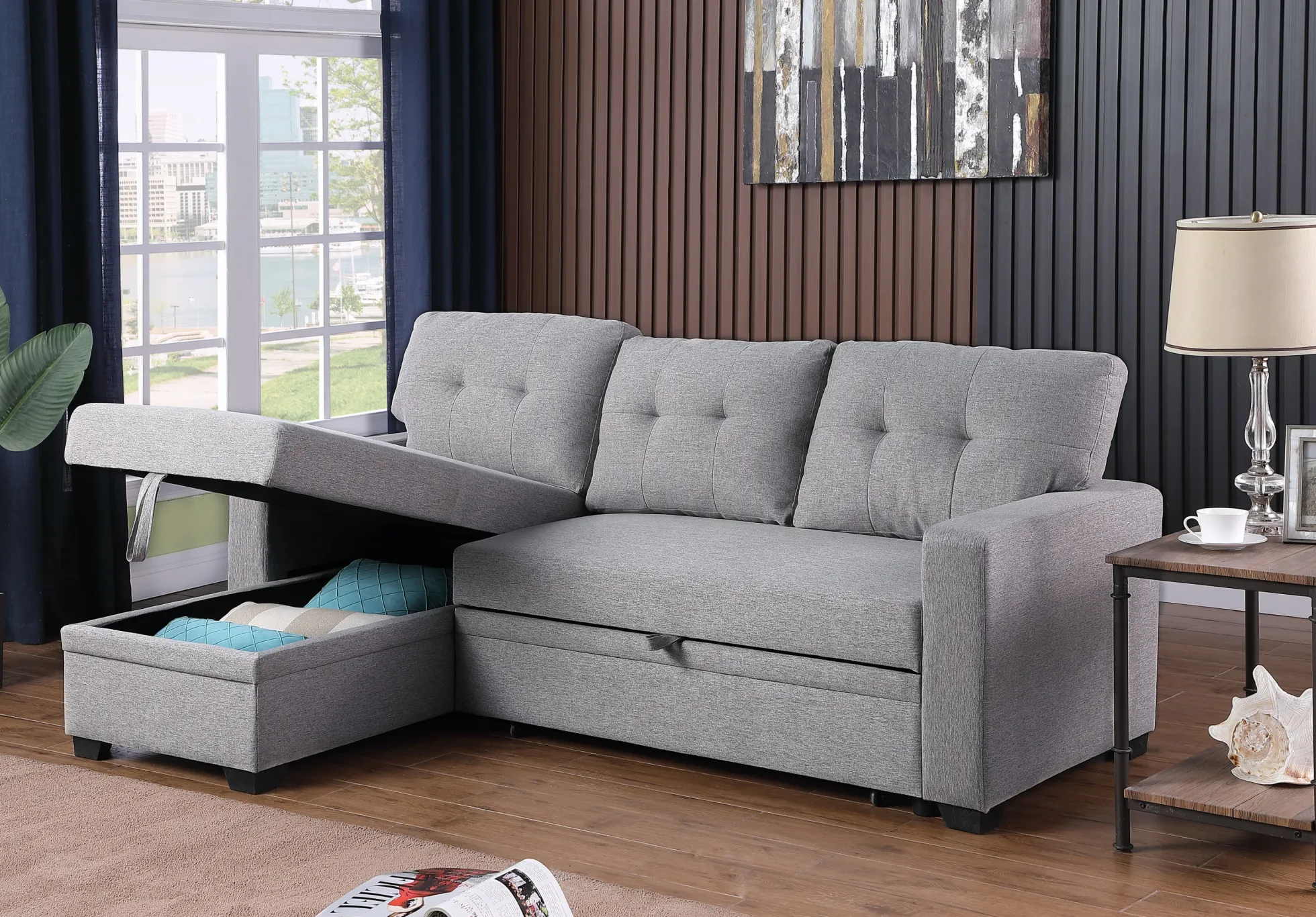 Walker Edison | Linen Pull Out Sectional Sofa with Storage Chaise