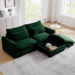 Walker Edison | Lux Green Corduroy Cloud Modular Loveseat Couch with Storage Ottoman