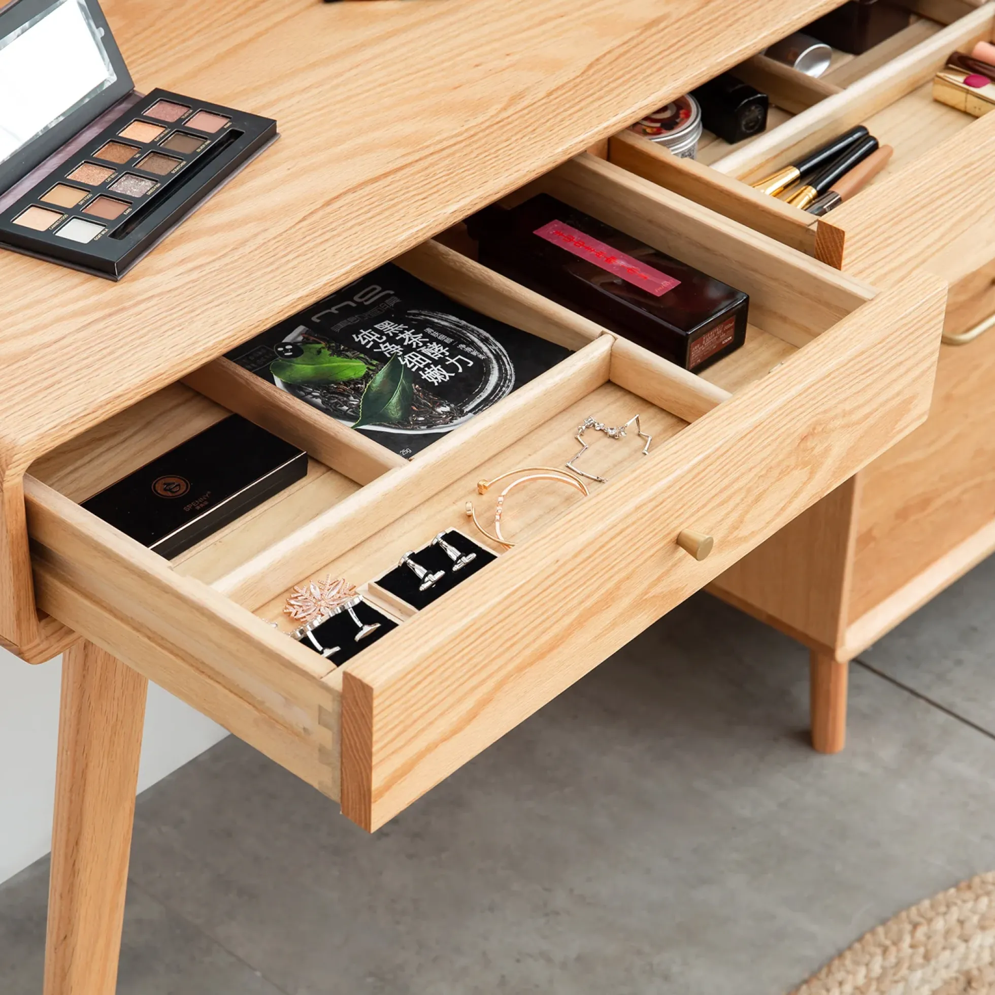 Walker Edison | Mid-Century Makeup Vanity Desk with Storage and Stool
