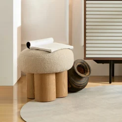 Walker Edison | Minimalist Curve Wooden Mushroom Boucle Stool