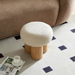 Walker Edison | Minimalist Curve Wooden Mushroom Boucle Stool
