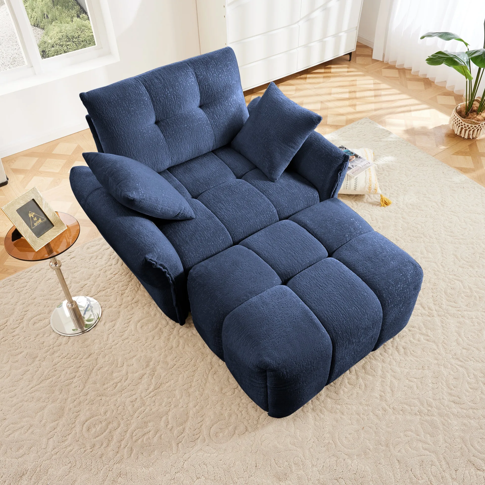 Walker Edison | Modern Ergonomic Blue Chenille Accent Chair with Ottoman Set