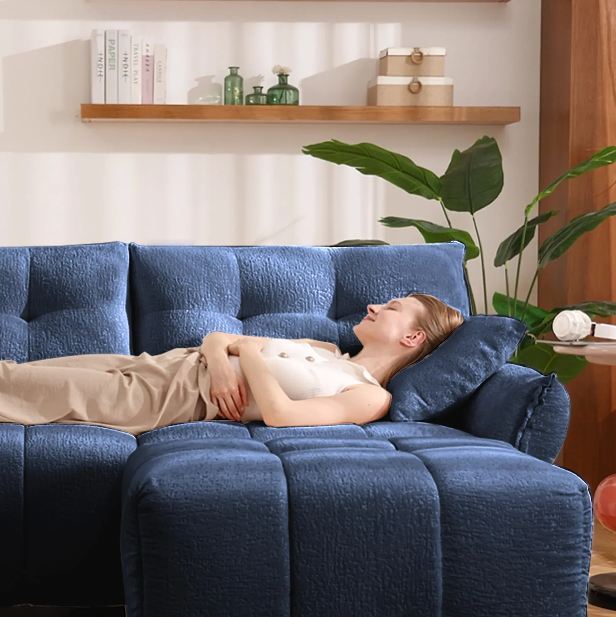 Walker Edison | Modern Ergonomic Blue Chenille Accent Chair with Ottoman Set