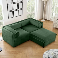 Walker Edison | Modern Green Chenille 2-Seater Loveseat Sofa with Ottoman Storage