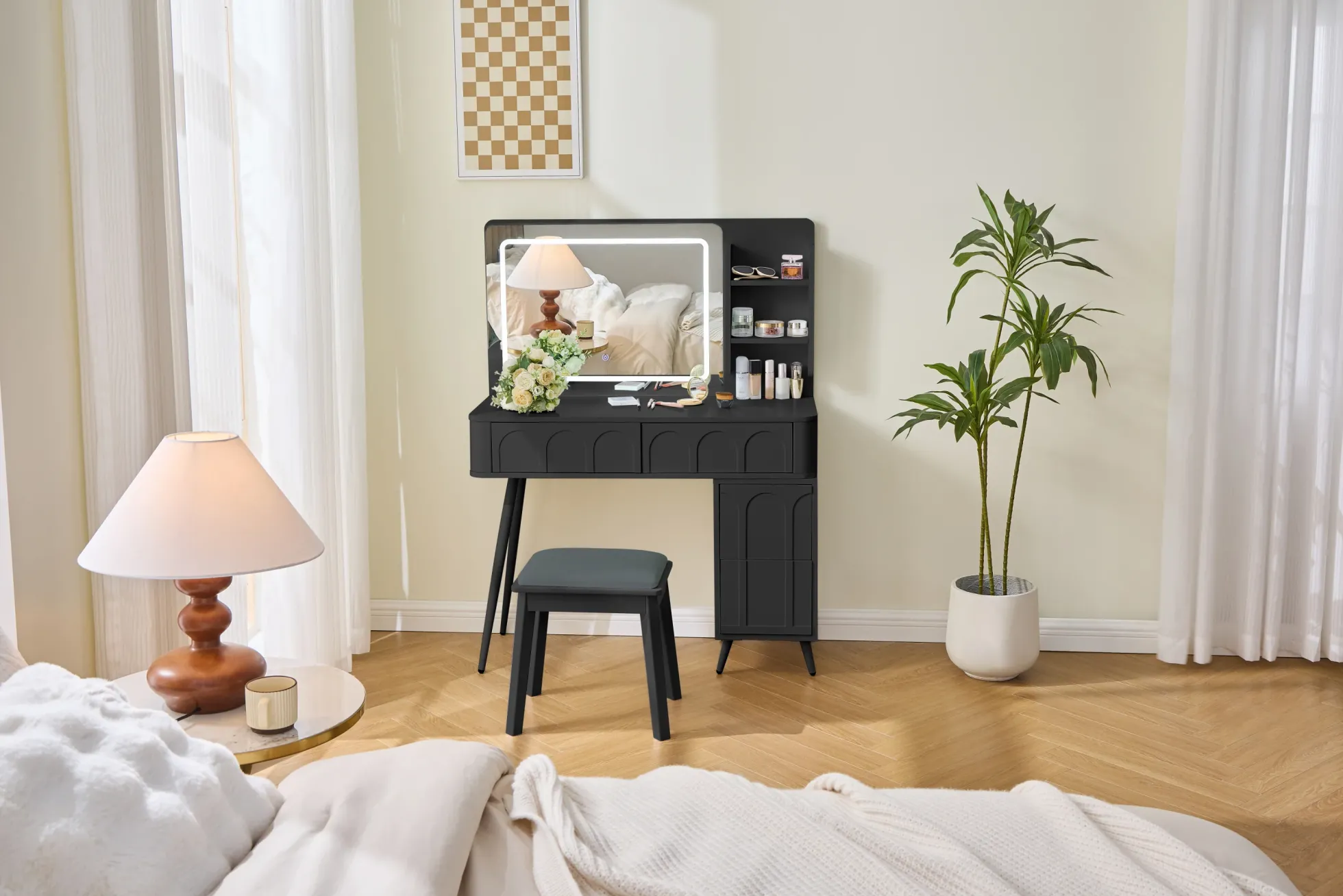 Walker Edison | Modern Makeup Vanity Desk with LED Lights & Mirror