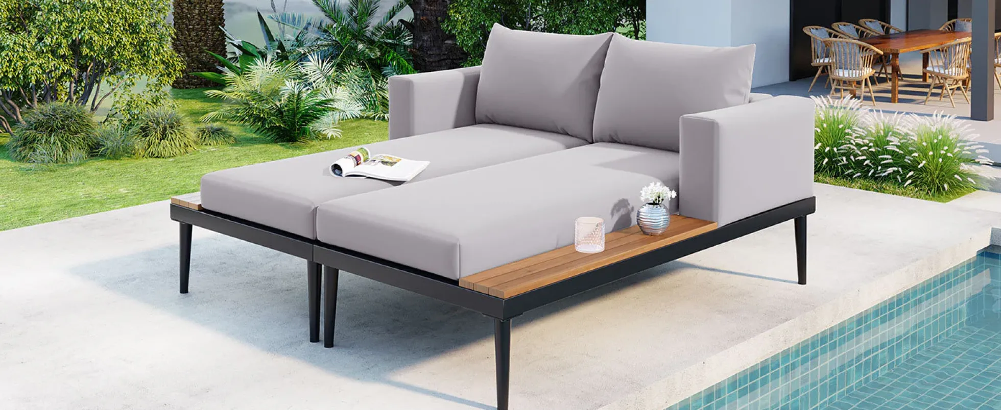 Walker Edison | Modern Outdoor Patio Daybed with Wood Topped Side Tables