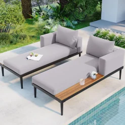 Walker Edison | Modern Outdoor Patio Daybed with Wood Topped Side Tables