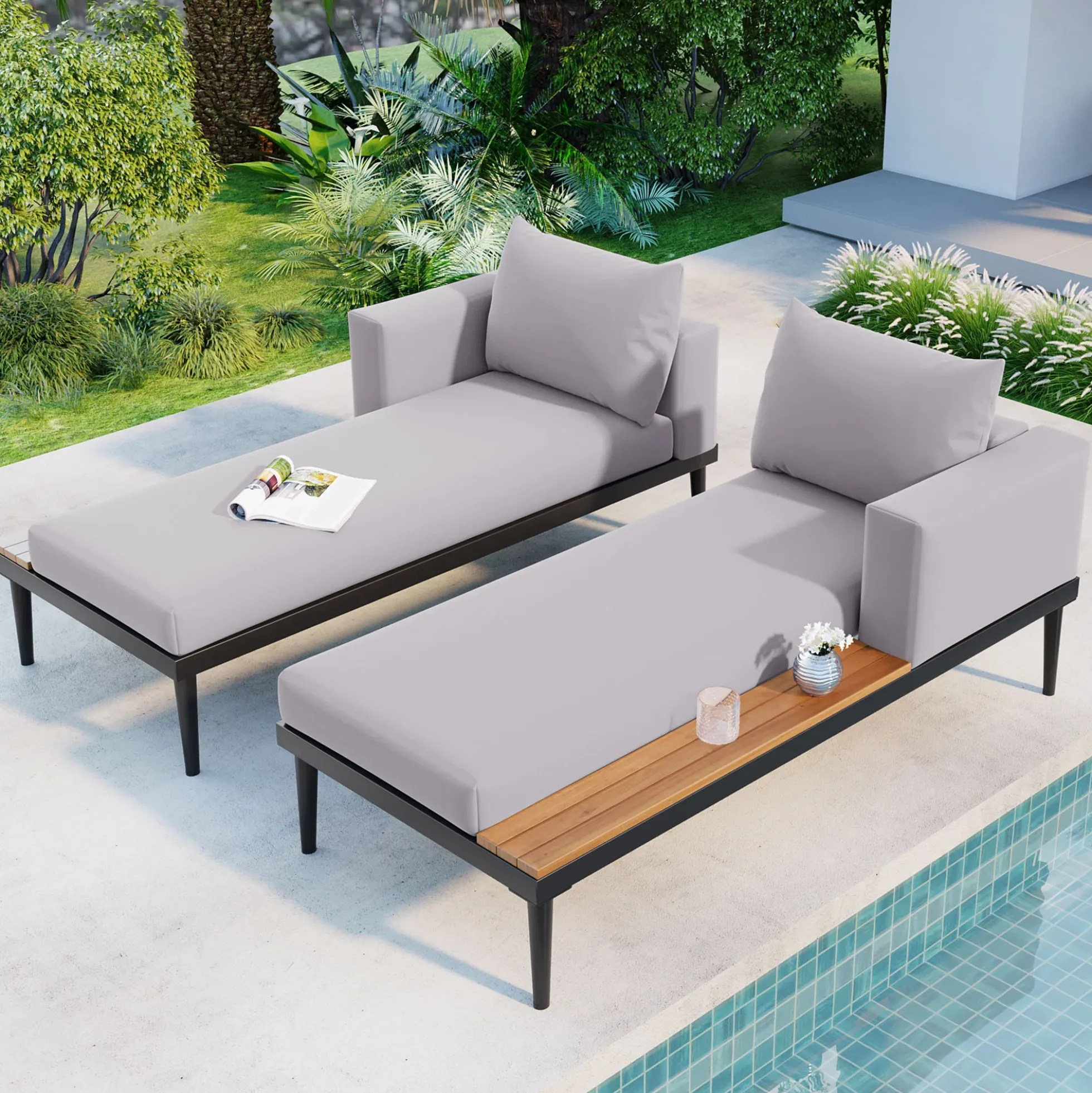 Walker Edison | Modern Outdoor Patio Daybed with Wood Topped Side Tables