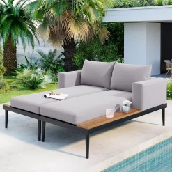 Walker Edison | Modern Outdoor Patio Daybed with Wood Topped Side Tables