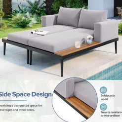 Walker Edison | Modern Outdoor Patio Daybed with Wood Topped Side Tables