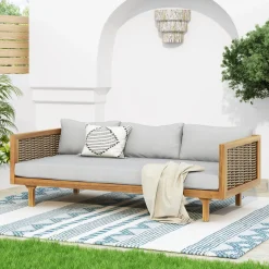 Walker Edison | Modern Outdoor Teak Rattan Deep Seat Daybed
