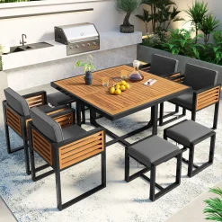 Walker Edison | Modern 9-Pieces Acacia Wood Patio Dining Set
