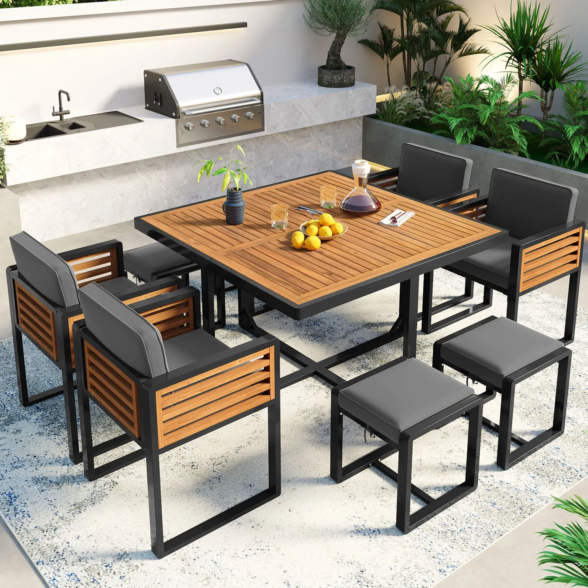 Walker Edison | Modern 9-Pieces Acacia Wood Patio Dining Set