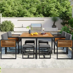 Walker Edison | Modern 9-Pieces Acacia Wood Patio Dining Set