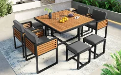 Walker Edison | Modern 9-Pieces Acacia Wood Patio Dining Set