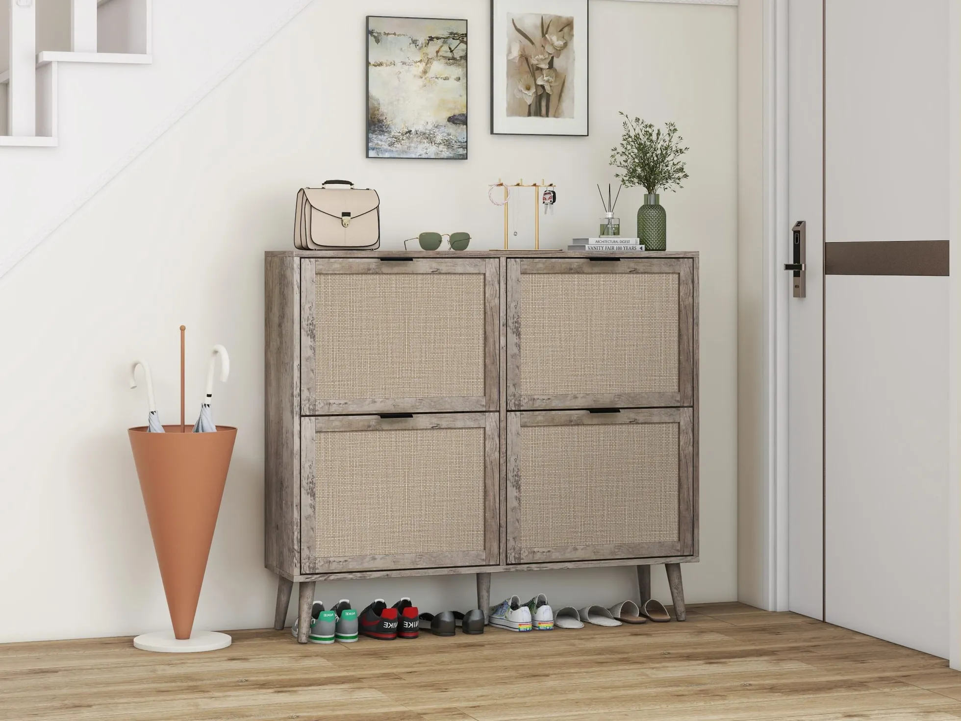 Walker Edison | Modern Rattan 4 Door Shoe Rack Cabinet for Entryway
