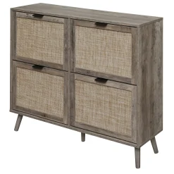 Walker Edison | Modern Rattan 4 Door Shoe Rack Cabinet for Entryway