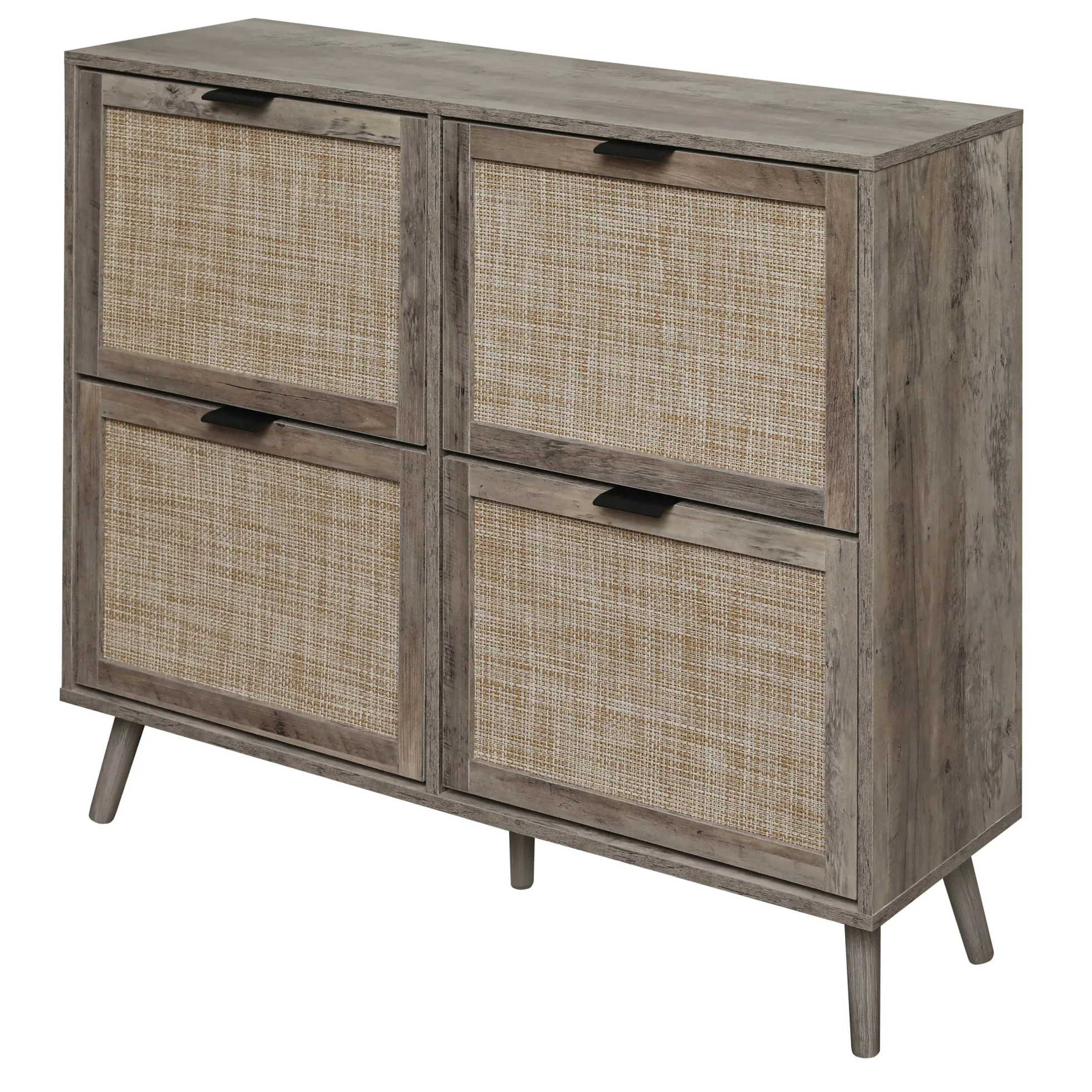 Walker Edison | Modern Rattan 4 Door Shoe Rack Cabinet for Entryway