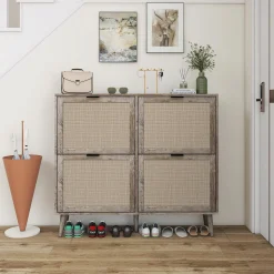 Walker Edison | Modern Rattan 4 Door Shoe Rack Cabinet for Entryway