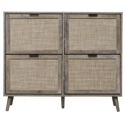 Walker Edison | Modern Rattan 4 Door Shoe Rack Cabinet for Entryway