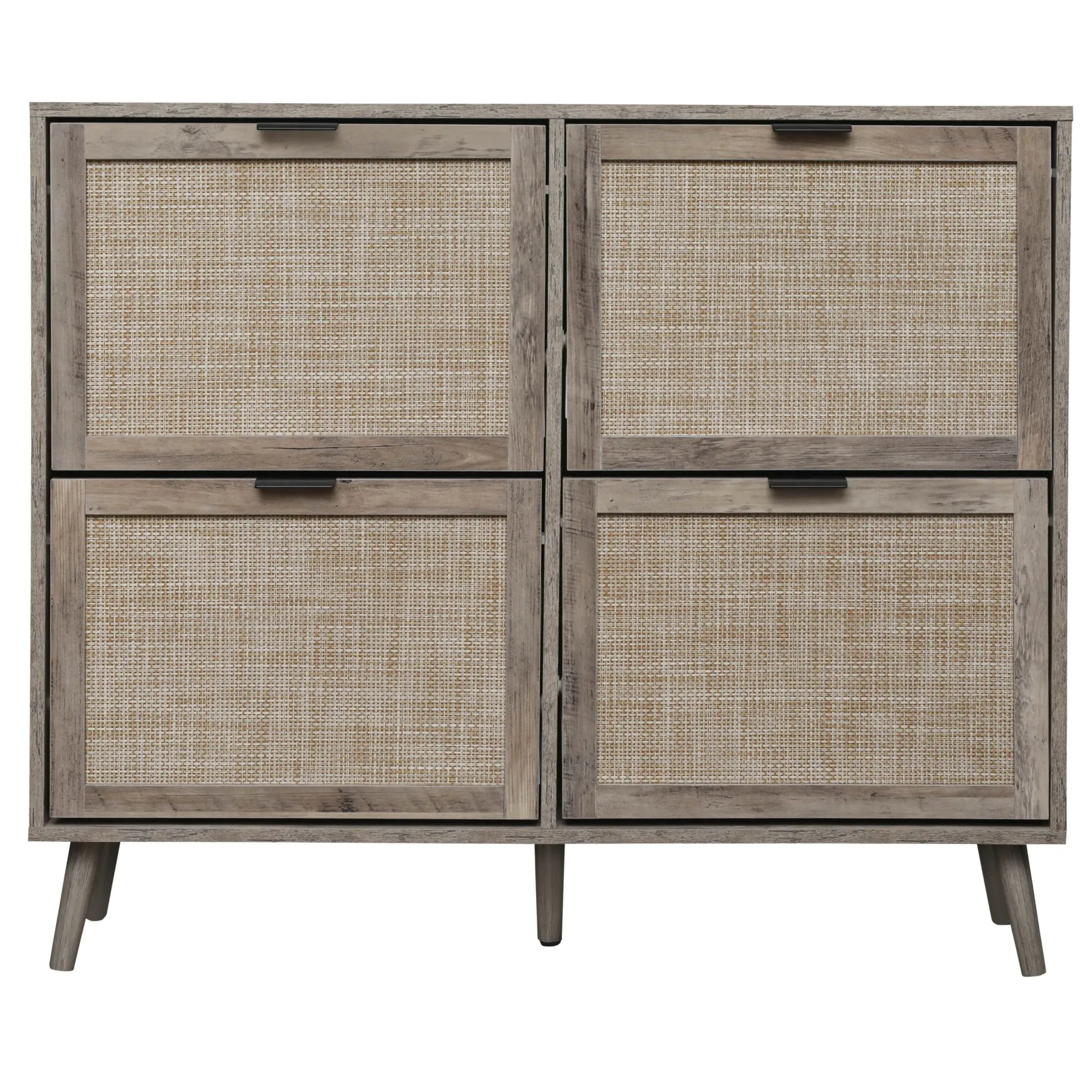 Walker Edison | Modern Rattan 4 Door Shoe Rack Cabinet for Entryway