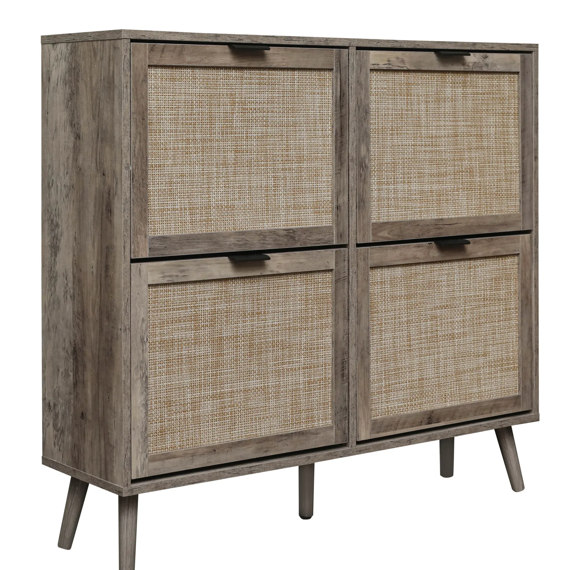 Walker Edison | Modern Rattan 4 Door Shoe Rack Cabinet for Entryway