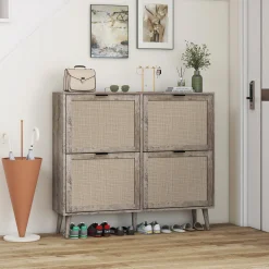 Walker Edison | Modern Rattan 4 Door Shoe Rack Cabinet for Entryway