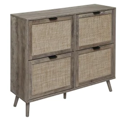 Walker Edison | Modern Rattan 4 Door Shoe Rack Cabinet for Entryway