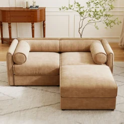 Walker Edison | Modern Stylish Camel Chenille Loveseat Sofa with Ottoman