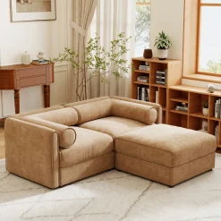 Walker Edison | Modern Stylish Camel Chenille Loveseat Sofa with Ottoman