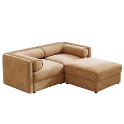 Walker Edison | Modern Stylish Camel Chenille Loveseat Sofa with Ottoman