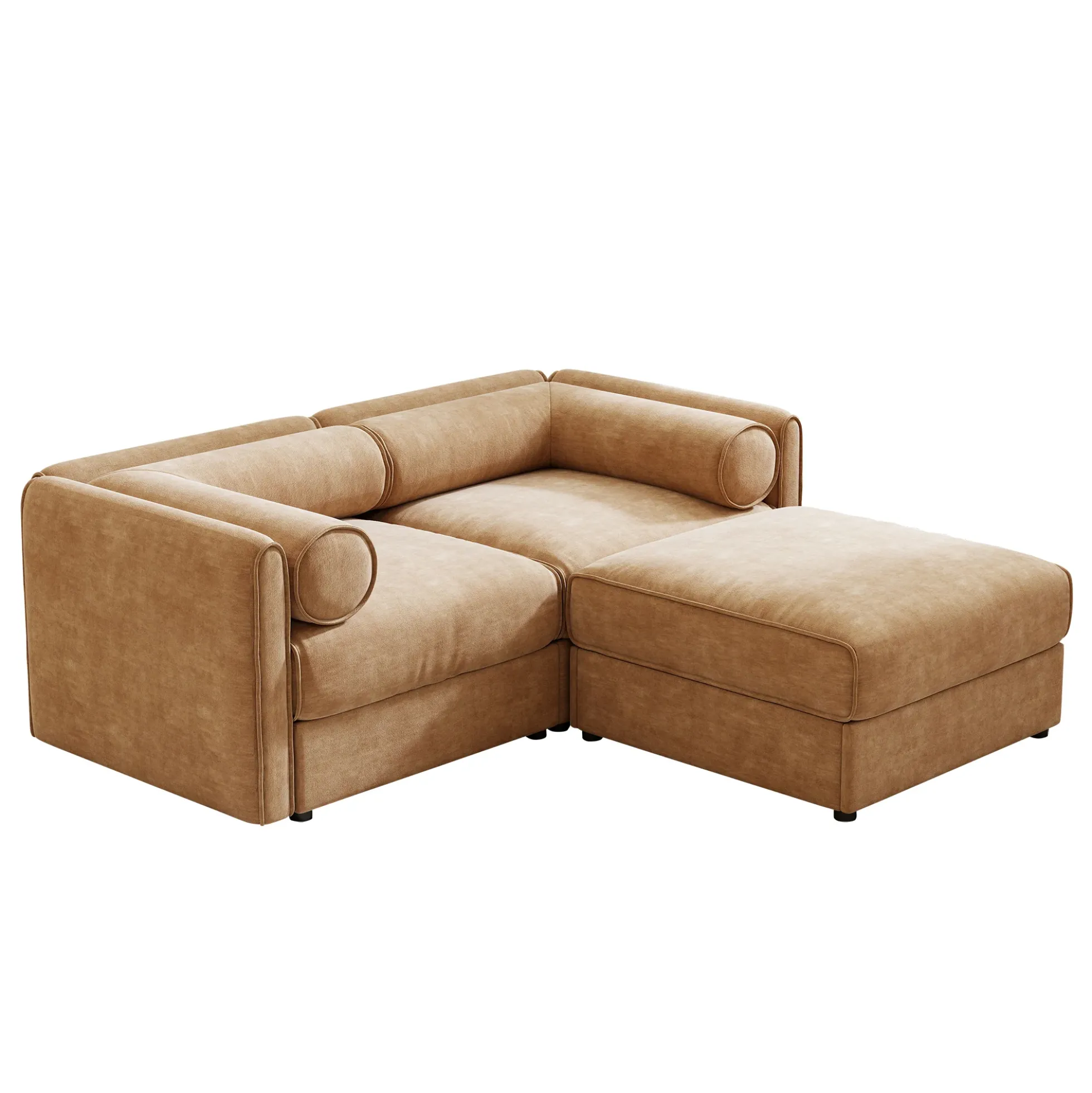 Walker Edison | Modern Stylish Camel Chenille Loveseat Sofa with Ottoman