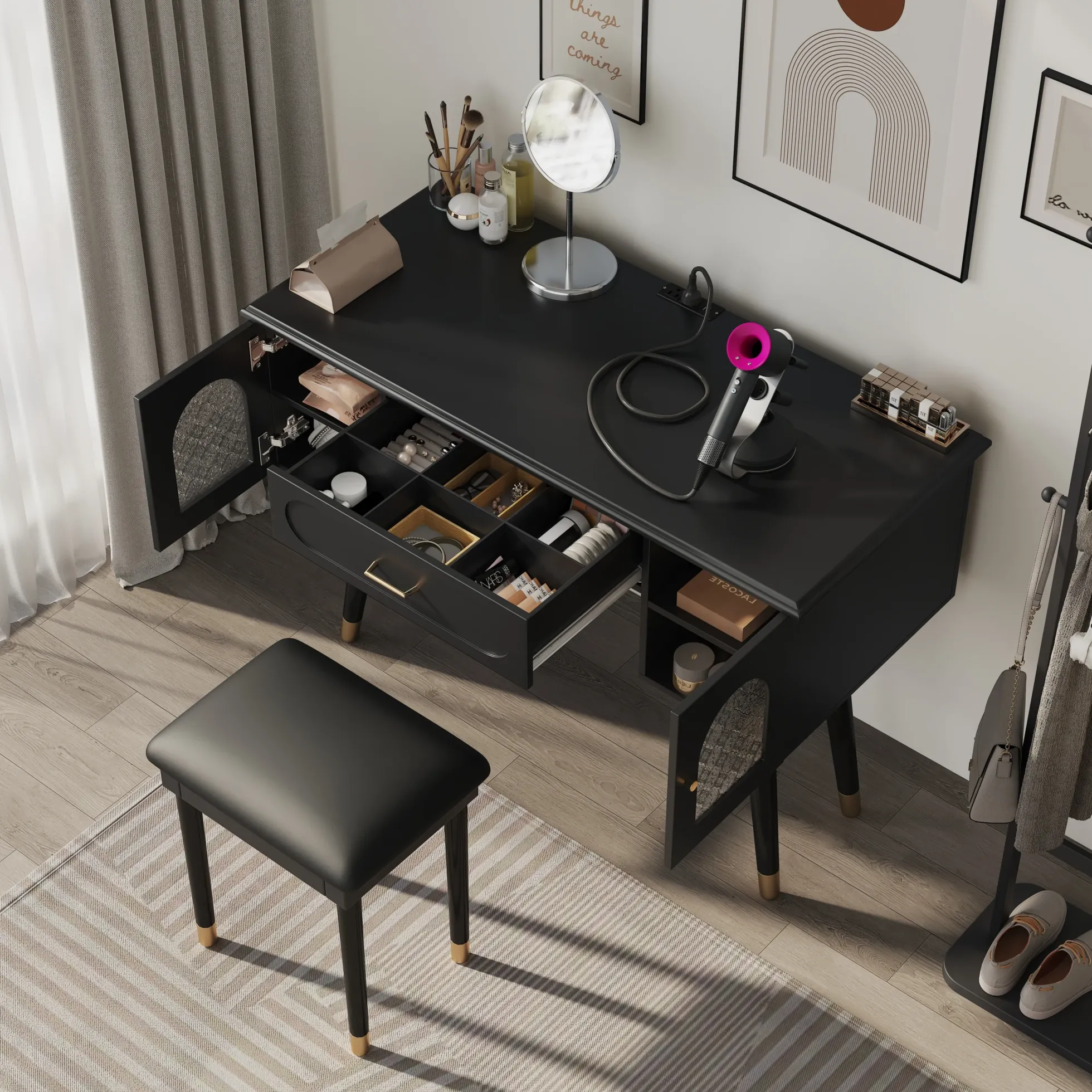 Walker Edison | Modern Vanity Makeup Table & Chair Set and Writing Desk