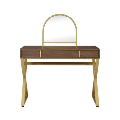 Walker Edison | Modern Walnut and Gold Finish Vanity Desk with Mirror and Jewelry Tray