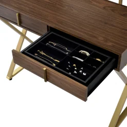 Walker Edison | Modern Walnut and Gold Finish Vanity Desk with Mirror and Jewelry Tray