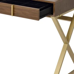 Walker Edison | Modern Walnut and Gold Finish Vanity Desk with Mirror and Jewelry Tray