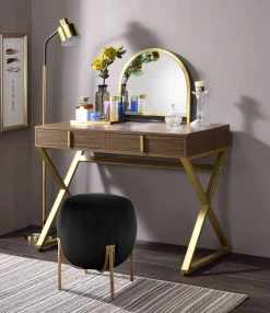 Walker Edison | Modern Walnut and Gold Finish Vanity Desk with Mirror and Jewelry Tray