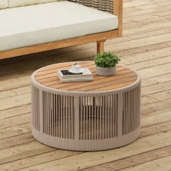 Walker Edison | Modern Woven Rope Design Coffee Table and Side Table Set of 2