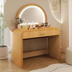 Walker Edison | Natural Reeded Curve Design Makeup Vanity Desk with Mirror