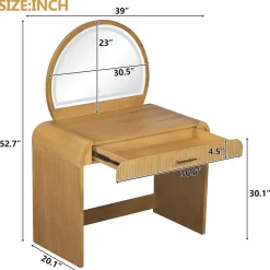 Walker Edison | Natural Reeded Curve Design Makeup Vanity Desk with Mirror