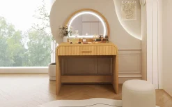 Walker Edison | Natural Reeded Curve Design Makeup Vanity Desk with Mirror