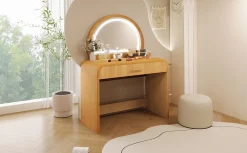 Walker Edison | Natural Reeded Curve Design Makeup Vanity Desk with Mirror