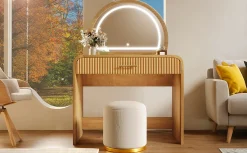 Walker Edison | Natural Reeded Curve Design Makeup Vanity Desk with Mirror